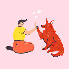 Man playing with lovely dog  cartoon illustration. Cute domestic animal friend hand drawn doodle banner design. Veterinary concept art.