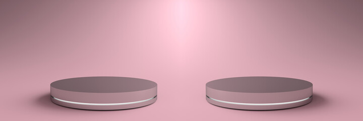 3D Render of Abstract violet Composition with Podium. Minimal Studio with Round Pedestal. Pedestal can be used for advertising, Isolated on pink background, Showcase, Product Presentation.
