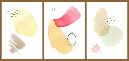 Fototapeta na wymiar A set of three colorful aesthetic watercolor backgrounds. Minimalistic abstract posters for social media, cover design, web, home decor. Vintage illustrations with thin lines, blots, shapes.