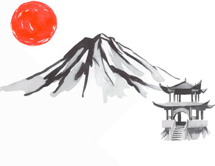 Japan traditional sumi-e painting. Fuji mountain, sakura, sunset. Japan sun. Indian ink vector illustration. Japanese picture.