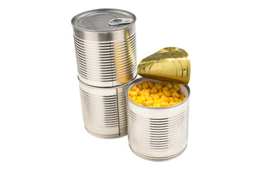 Canned food on white background. Sweet corn.