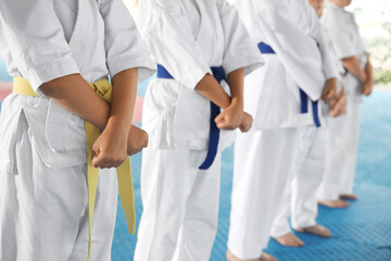 Children in kimono during karate practice on tatami, closeup