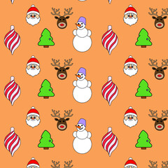 Vector seamless flat pattern with Merry Christmas and Happy New Year icons. Vector