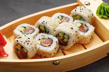 Japanese sushi roll on plate close up