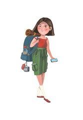ona cute caucasian child girl with brown hair wearing red teeshirt and green short with hiking equipment and backpack going on hiking with a mobile phone in her hand - hand drawn illustration 