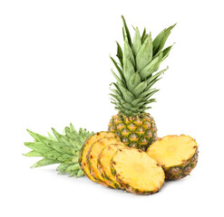 Whole and cut juicy pineapples isolated on white