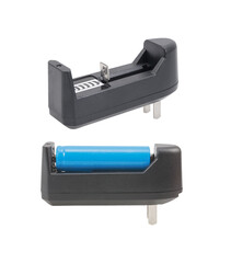 Black Rechargeable Battery Charger and blue battery tyle 18650 isolated on White Background with clipping path