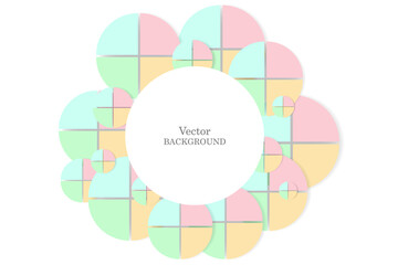 Abstract coloured circles divided into parts on white background with copyspace in middle