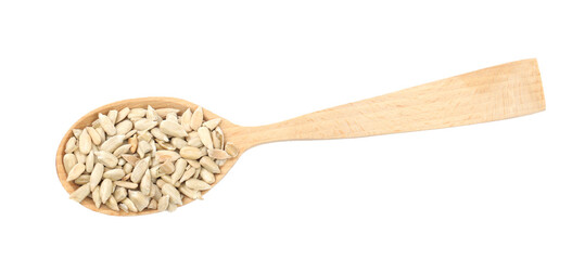 Peeled sunflower seeds in spoon on white background, top view