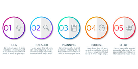 5 step or option infographic elements with business icons and text. Timeline info graphic, flow chart, layout, finance workflow template. Vector illustration.