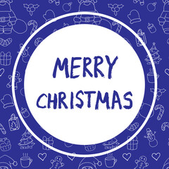 Merry Christmas, beautiful greeting card in blue tones. Hand drawn inscription on seamless pattern background. Can be used as print for textile, wallpaper, gift wrap. Winter holiday elements