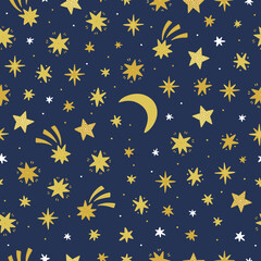 Magic stars seamless pattern. Vector background with moon and stars on the dark sky. Seamless night pattern