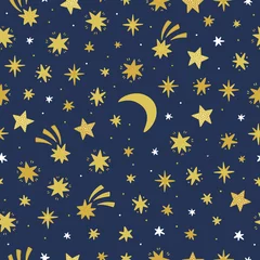 Wallpaper murals Blue gold Magic stars seamless pattern. Vector background with moon and stars on the dark sky. Seamless night pattern