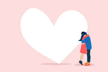 Happy Valentine day greeting card, lovely young joyful couple hug, Flat Vector illustration