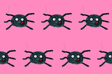 Halloween seamless pattern with funny cartoon spider. Endless texture for wallpaper, web page background, wrapping paper. Flat style. Black smiling spider with tongue on pink board