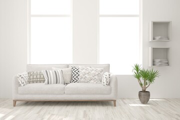 White living room with sofa. Scandinavian interior design. 3D illustration