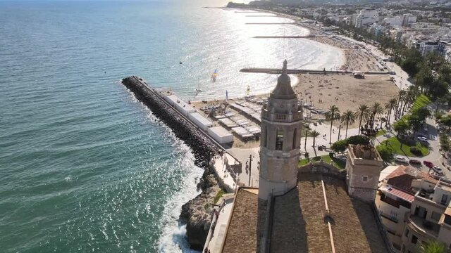 Aerial views of Sitges village nearby the coast of Barcelona