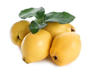 Ripe quinces with leaves on white background
