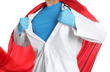 Doctor wearing cape on white background, closeup. Super hero power for medicine © New Africa