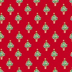 Christmas and New Year static seamless pattern on red. Hand drawn Christmas tree with multi-colored balls. Background for wrapping paper, cards, fabrics, textiles.