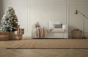 Living room interior with beautiful Christmas tree