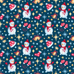 Hand drawn Christmas and New Year seamless pattern with watercolor cartoon Snowman, bells, hats, mittens, socks. Bright background for wrapping paper, fabric, textile, postcards.