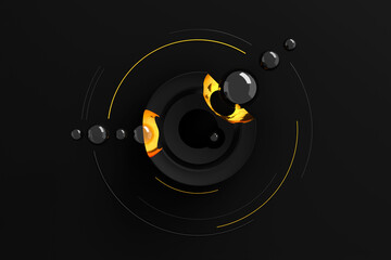 Dark three-dimensional abstract background of many circles with round cutouts with a stylized display of the planet and satellites on black background. 3D illustration