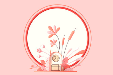 Abstract cartoon fairy-tale tiny cozy home in pastel autumn colors against a background of fantastic stylized plants, trees and grasses with a frame for a copy of space is isolated. 3d illustration