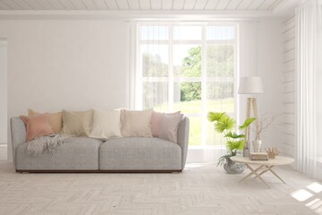 White living room with sofa and summer landscape in window. Scandinavian interior design. 3D illustration