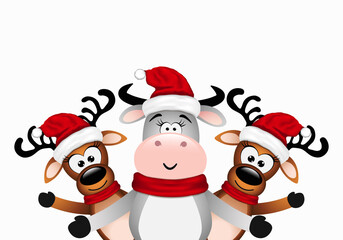 Christmas Card with happy bull and two reindeer.