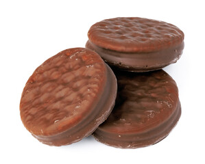 Chocolate cookies in glaze isolated on white background