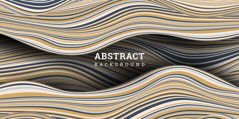 Wavy striped background 3D. Vector illustration warped stripes. Festive banner realistic style. Backdrop with flow lines. Colorful texture. Elegant decoration. Design poster, flyer, wallpaper.