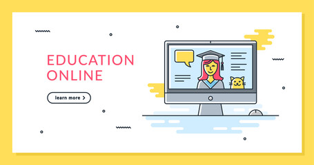 Obraz na płótnie Canvas Vector illustration for online education. Flat color image of distance learning. Video chat with a student and a cute cat in the background.