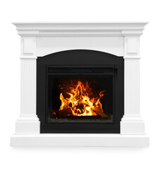 Decorative burning fireplace isolated on white. Interior design