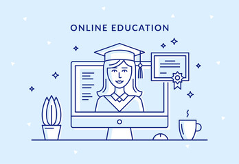 Trendy linear illustration for online education. Flat icon of a female graduate student with a diploma inside a computer monitor.