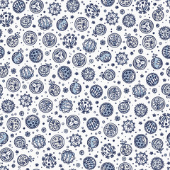 Hand drawn doodle floral circles - Abstract Seamless Pattern. Blue polka dots background.