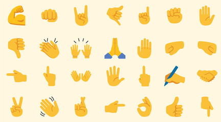 All hand emoji gesture. Hand emoticons vector illustration symbols set, collection. Hands, handshakes, muscle, finger, fist, direction, like, unlike, fingers.