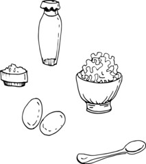 Milk, dairy products, cheese, cow, eggs. Farm, agriculture, village. Graphic illustration hand-drawn, doodle illustration. Isolated elements on a white background, sketch, engraving
