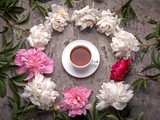 Obraz na płótnie Canvas Paionies flowers and cup of coffee on grey background.