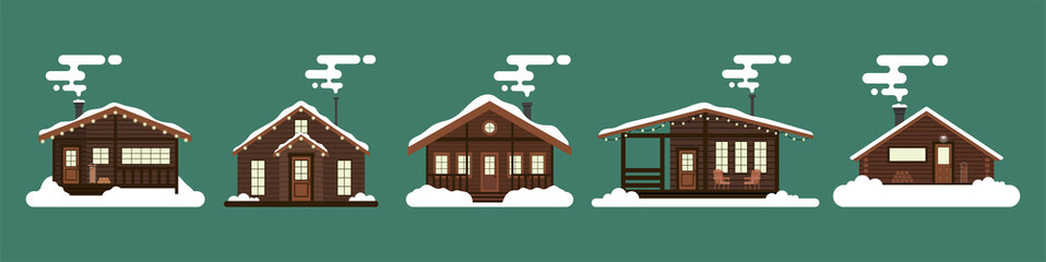 Collection of winter houses. Snow-covered Christmas houses and country cottages, alpine chalet, mountain house. Cartoon style, flat illustration. For websites, wallpapers, posters or banners