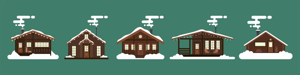 Foto op Canvas Collection of winter houses. Snow-covered Christmas houses and country cottages, alpine chalet, mountain house. Cartoon style, flat illustration. For websites, wallpapers, posters or banners © Натали Зимичева