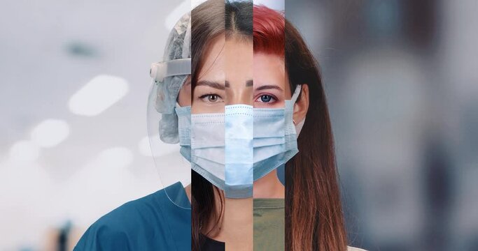 Portraits of female doctors in medical masks involved in the fight against Covid-19, nurses look at the camera, split screen.