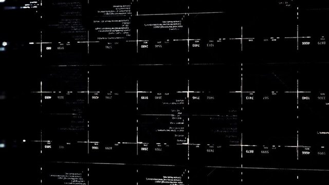 White digital codes in cells with numbers on black background. Animation. Lot of changing data moving on a machine monitor, seamless loop, monochrome.