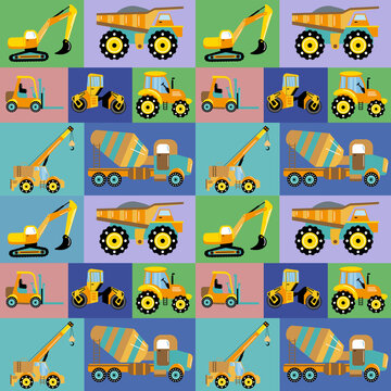Construction machinery. Seamless pattern for decoration of a nursery or baby products.