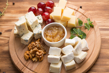 appetizer of assorted cheeses for wine
