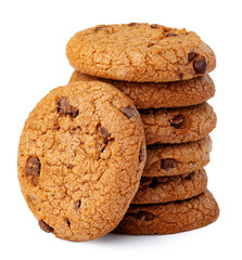 Stacked chocolate chip cookies isolated on white background
