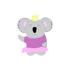 Friendly koala in a skirt, vector children's colorful illustration in cartoon hand drawn style for printing on children's clothing, interior design, packaging, stickers. Isolated on white