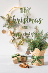 Christmas advent calendar gift zero waste eco Care package,furoshiki gifts environmentally friendly gift wrapping craft paper fir branches, Christmas Eve,ecological concept eco-friendly xmas