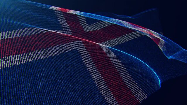 3d render. Iceland digital flag with binary code texture flies in the wind. Seamless loop.