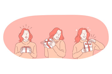 Birthday or Christmas present, surprise, holiday party concept. Happy young woman getting and unpacking birthday gift in box with festive ribbon. Surprise, anniversary, gift, happiness